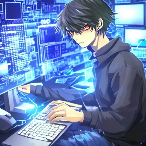 anime girl looking at a computer