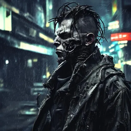 Prompt: Villain. Future paramilitary style body uniform. Slow exposure. Detailed. Dirty. Dark and gritty. Post-apocalyptic Neo Tokyo. Futuristic. Shadows. Sinister. Armed. Brutal. Intimidating. Evil. Bionic jaw. Fanatic. Intense. Heavy rain. Neck tattoo. Neon lights in background. Explosion. Burning car in mid distance. 