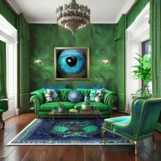 Prompt: Idyllic lush livingroom green and blue details,rich colors,scary eyes, fantasy art,vibrant,renderman,concept art,8k,octane renderer,artgerm,Intricate Details,HDR,beautyfull shot,hyperrealistic,sharp focus,perfect composition,high contrast,