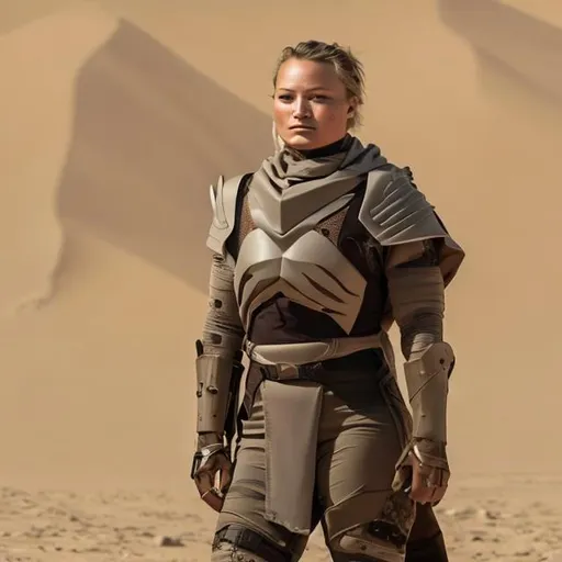 Prompt: dani speegle beautiful, terrorist, tuscan raider, fremen armor, dune, white bandage arms, cloth poncho, scifi military armor, rocket launcher