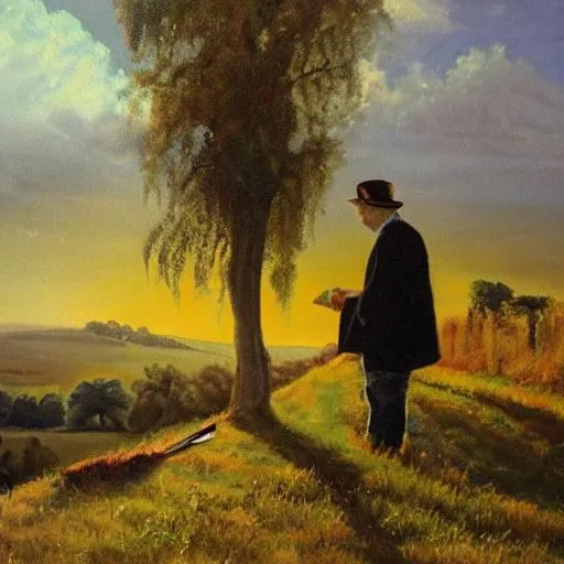 Prompt: A beautiful painting man watching the sun set with a joint in rural England 