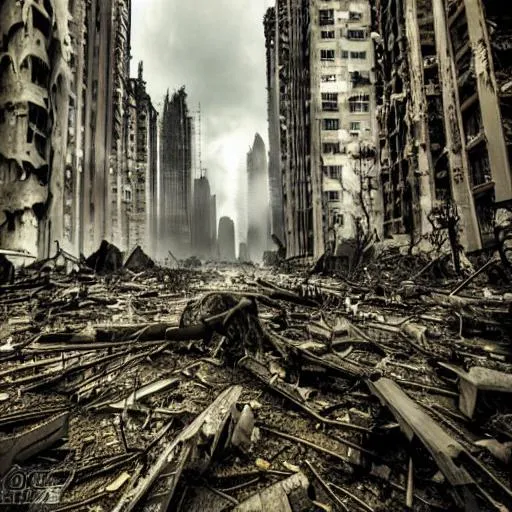 Prompt: 
Echoes of a Fallen World
long shot. Very Wide shot. Gothic, cyber-punk Punk, post-apocalyptic themed World
view of the post-apocalyptic cityscape, with towering ruins and overgrown vegetation. The city is a ghostly shell of its former self, with once-grand buildings now reduced to rubble and twisted metal.