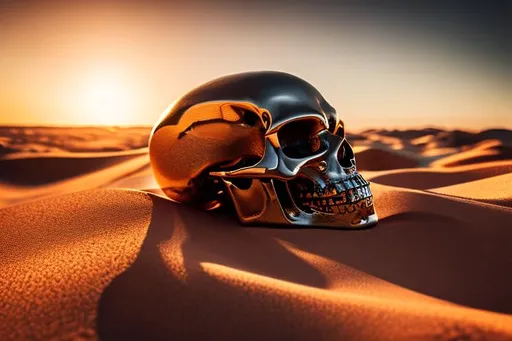 Prompt: The skeleton of a giant laying in the dunes, jewelry shinning on his fingers, grinning skull, detailed, volumetric lighting, warm color, award winning, photography
