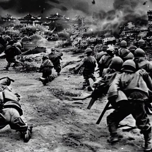 Prompt: realistic black and white photograph of the battle of Beijing during the fall of communist china in the 1940s with ww2 British soldiers advancing down a ruined street