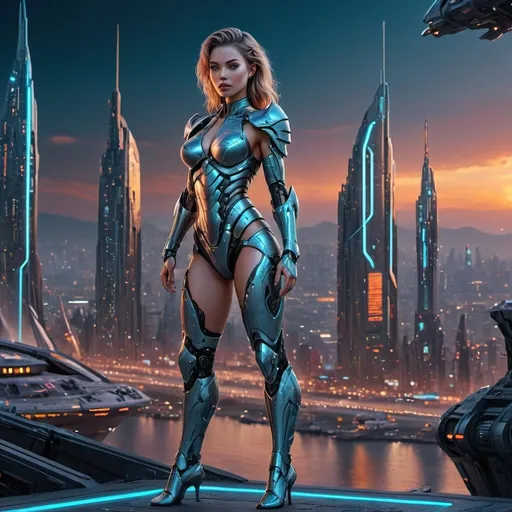 Prompt: (cybernetic warrior queen), full-body pose, standing confidently beside a sleek starship, landing deck setting, breathtaking futuristic cityscape below, vibrant neon lights illuminating the scene, high-tech bikini armor with intricate circuitry, dramatic sunset casting warm hues, enchanting panoramic view, creating a powerful atmosphere of strength and ambition, ultra-detailed, 4K graphic quality.