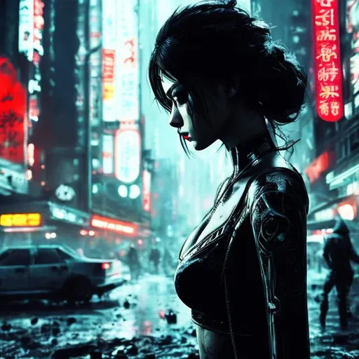 Prompt: 4k. Focused. Gorgeous. black and neon switchblade killer lady. Beautiful. Deadly.. Full body. Accurate. realistic. evil eyes. Slow exposure. Detailed. Dirty. Dark and gritty. Post-apocalyptic Neo Tokyo .Futuristic. Shadows. Armed. Fanatic. Intense. 