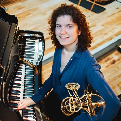 Prompt: Piano from above, brass strings and electronics inside