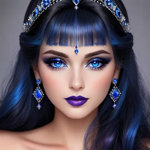 Prompt: a Sapphire lady, feminine elegant princess ,  dark hair, large blue eyes, wearing jewls in her hair,  beautiful makeup, blue eyeshadow, dark pink lipstick, facial closeup