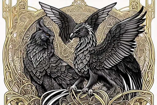 Prompt:  black and white colouring page in art Nouveau style with griffin that has golden and purple wings, cinematic, ultra realistic, super detailed, digital art