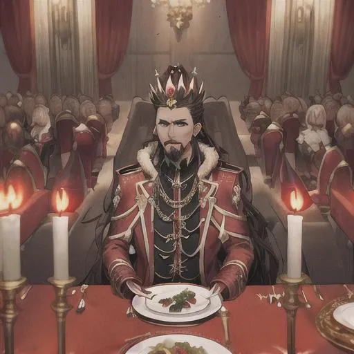 Prompt: king in a red coat, mink fur lined, pointy bejeweled crown, brown hair, goatee, medals on shirt, black cloths, sitting at the far end of a long table that has a red cloth running down the middle with candles and food, plates and silverware line the sides in front of chairs, with nobles sitting and conversing, at the long table, professional, one long table, from the perspective of a noble at the opposite end of the table as the king