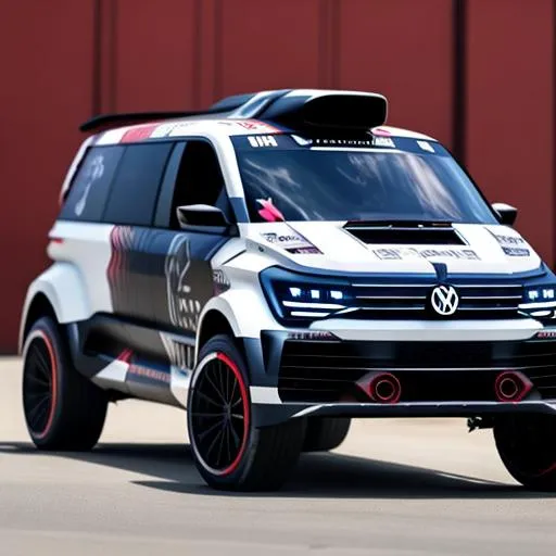 Prompt: Specced out rally version of the vw transporter, with a v12 in the back, with an enormous and complicated tear wing