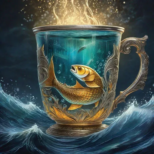Prompt: magical cup with highly detailed metal engraving of a fish overflowing with water, waves, sea, glowing, magic, dark,  dungeons and dragons, magic the gathering, fantasy art, fantasy, wizard,, concept art, , artstation, award winning, painting, watercolor, 