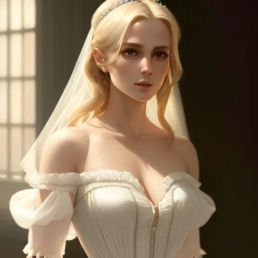 Prompt: a portrait of a woman in 19th century, blond hair, dressed in a transparent peignoir, one shoulder bare, beautiful painting with highly detailed face and perfect body by greg rutkowski and magali villanueve