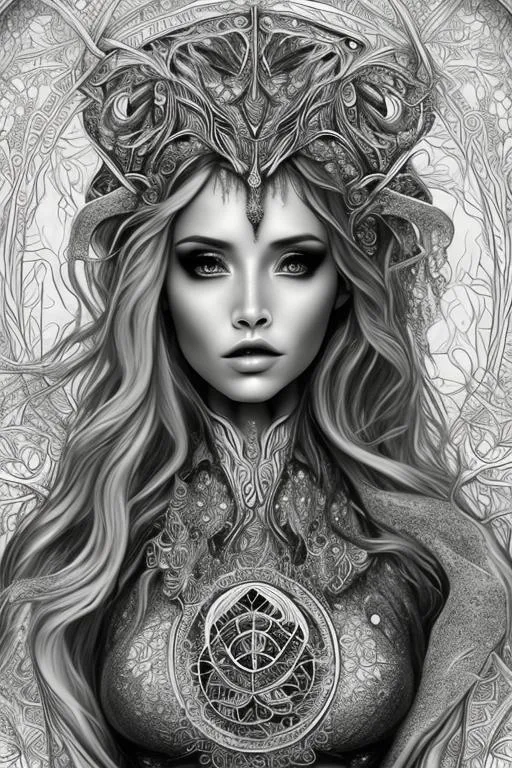 Prompt: coloring page , black and white  of beautiful fantasy goddess,  clear facial features, flat beauty lighting,  fine lines, framed in floating bubbles all around, fantasy, smooth lines, beautiful , dreamy,  light image, light background, head and shoulders, sharp focus