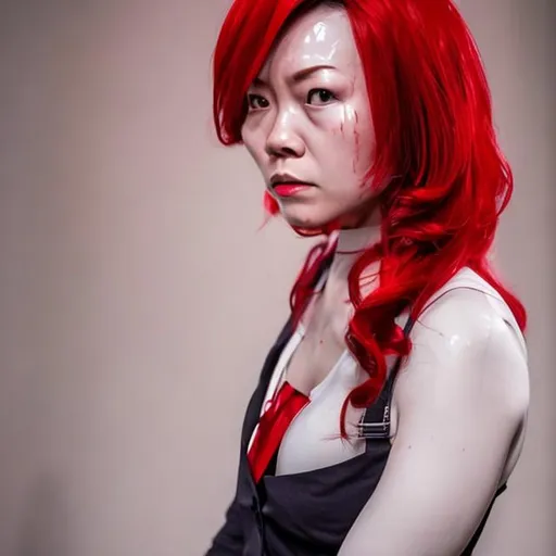 Prompt: Mei Ling from Turning Red as American Psycho, red suit, serious, sweaty, red hair.