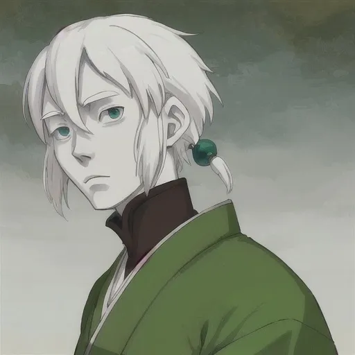 Prompt: Avatar the last airbender oc, atla, Earth Kingdom man, pale skin, very messy white hair, creepy, no face. green kimono, ration seller. skinny old man