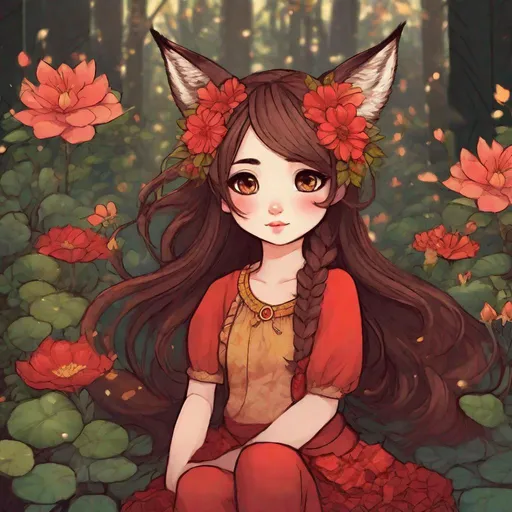 Prompt: a cute young girl with fox ears and tail. she wears a flower skirt and a red pants. Changeling the Dreaming art. Rpg art. 2d art. 2d. well draw face. Detailed. 