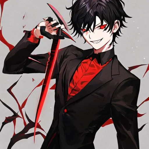 Prompt: Damien (male, short black hair, red eyes) grinning seductively, holding a knife