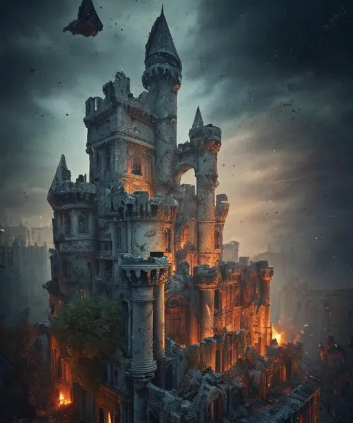 Prompt: a completely destroyed ((abandoned)) castle with debris floating in the air, night time, broken, destruction, foreboding ruins, ancient ruins, muted colors, Victorian, gothic, dark, Masterpiece,  photo quality,  cinematic light, ((depth of field)), fractal isometrics details, trending on artstation Isometric Centered hyperrealist cover photo awesome full color, gritty, glowing shadows, high quality, high detail, high definition, dark fantasy
