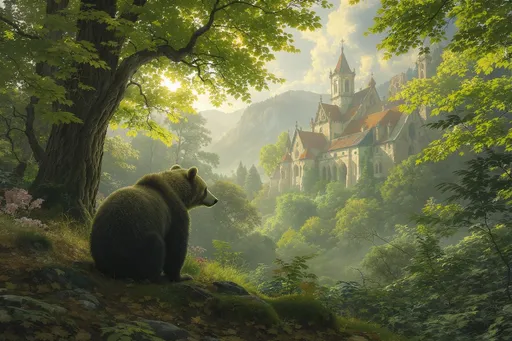 Prompt: bear in a forest, medieval atmosphere, ancient 15th century church protruding from the trees, lush greenery, soft dappled light filtering through leaves, rich earthy tones, intricate historical details, vibrant brush strokes, oil painting style, serene and tranquil setting, beautifully detailed foliage, enchanting ambiance, ultra-detailed, high-quality الزمن ان حياته