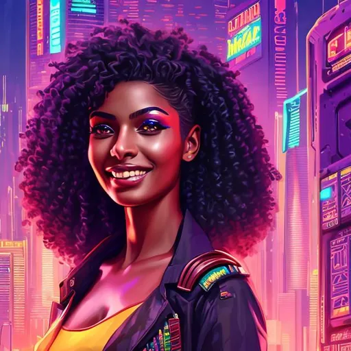 Prompt: attractive hot late-twenties african egyptian woman female, medium-brown skin, smile, men's spiked haircut, government uniform, synthwave futuristic tropical, portrait, realistic details, photorealistic, 8k render, cinematic lighting, ultra detailed