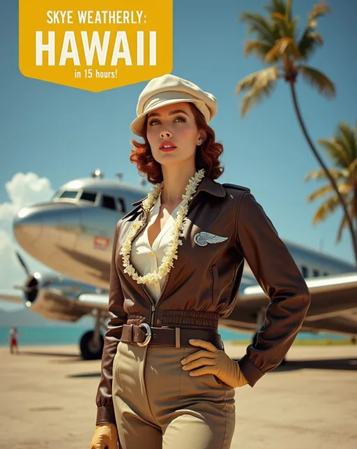 Prompt: Staged (Magazine cover) with yellow banner and (white lettering that reads "Skye Weatherly: Hawaii in 15 hours!"), Stunningly beautiful (famed aviatrix Skye Weatherly), standing with heroic confidence at the Honolulu Airport in front of a silver metallic Douglas DC-3. Her buxom curvy figure is showcased in a (brown leather bomber jacket) with silver wing insignia, (white silk blouse), (khaki slacks), and (tan leather boots & gloves), a (jauntily worn white beret) & (flower lei) contrasts against her silky Auburn hair. Burbank airport on a (sunny Hawaii day), vibrant blue skies, palm trees gently swaying in the background, 8K resolution, ultra-detailed, high-quality image, capturing the essence of 1930s adventure and resilience.