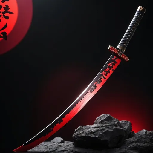 Prompt: Tall Katana mixed between black ore and ruby, Black background with red sharp chainese words on the background, sharp, 8k, sunlight