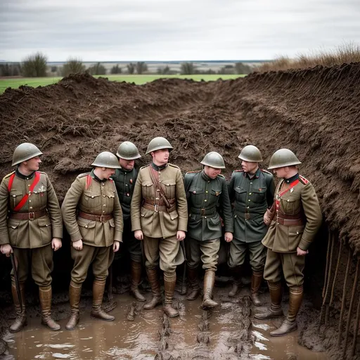 Prompt: WW1 trench with tired british soldiers, most of them wounded and covered in dirt, with looks of anguish and horror on their faces, standing in mud while artillery shells explode all across no man's land and the corpses of their dead comrades buried half in the mud, the sky is brooding and the rain is pooring down
