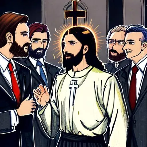 Prompt: Jesus with a halo blesses businessmen