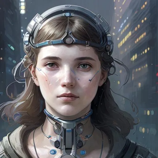 Prompt: Close-up portrait. a girl who  "neural network" by Alfred Mucha and Greg Rutkowski in the city of the future