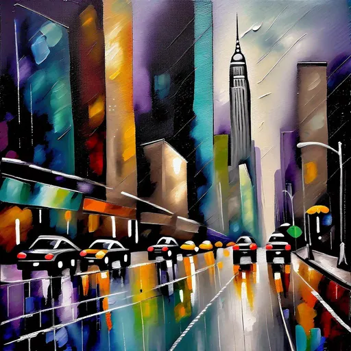 Prompt: A rainy day in The city of new your painting looking at a city street with tall sky scrapers on the side painting textured abstract 