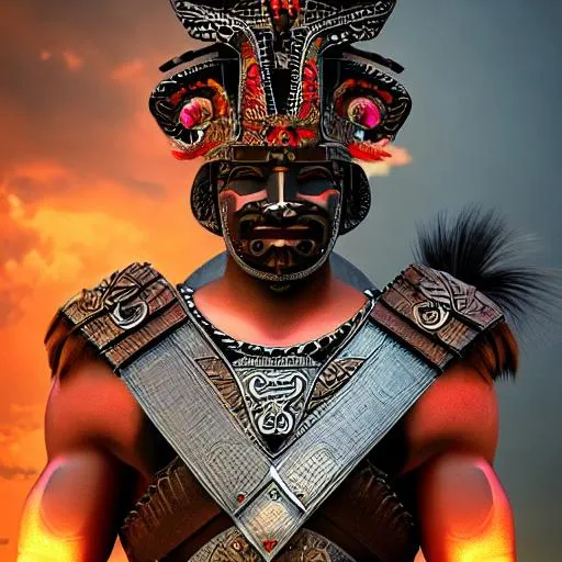 Prompt: Male Aztec warrior, portrait, anime, 3d, black, fierce sight