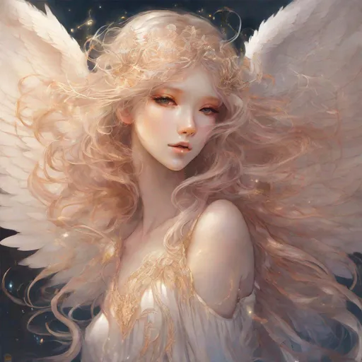 Prompt: anime portrait {nude female angel girl}, beautiful intricate {color} hair, shimmer in the air