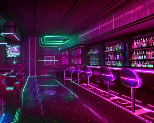 Prompt: Glossy cyberpunk Bar, with sleek dark decor and holographic menus, highly detailed, digital painting, concept art, smooth, sharp focus, illustration, Unreal Engine 5, 8K