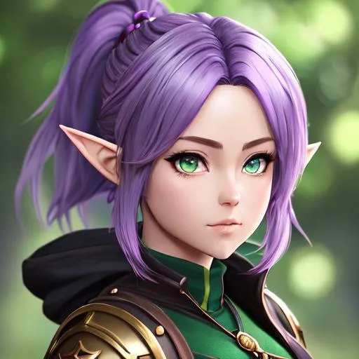 Prompt: "Full body, oil painting, fantasy, anime portrait of young gnome woman with short light purple hair in a ponytail, dark green eyes, and short elf ears wearing adventuring gear, #3238, UHD, hd , 8k eyes, detailed face, big anime dreamy eyes, 8k eyes, intricate details, insanely detailed, masterpiece, cinematic lighting, 8k, complementary colors, golden ratio, octane render, volumetric lighting, unreal 5, artwork, concept art, cover, top model, light on hair colorful glamourous hyperdetailed medieval city background, intricate hyperdetailed breathtaking colorful glamorous scenic view landscape, ultra-fine details, hyper-focused, deep colors, dramatic lighting, ambient lighting god rays, flowers, garden | by sakimi chan, artgerm, wlop, pixiv, tumblr, instagram, deviantart