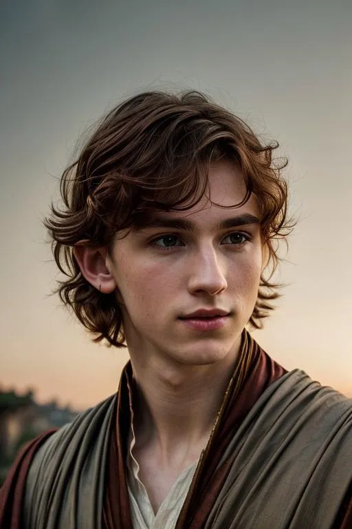 Prompt: a young man, cute face, pale skin with copper undertones, small nose, flat chest, short chestnut hair, white eyes, white makeup, wearing Roman clothes, white eyes, Rome, lord of the rings, Tolkien, beautiful, smiling, fully clothed, happy, blushing, cozy, moody, cute looking, masterpiece, nature, masterpiece, hd quality, 8k, detailed, high quality, high resolution