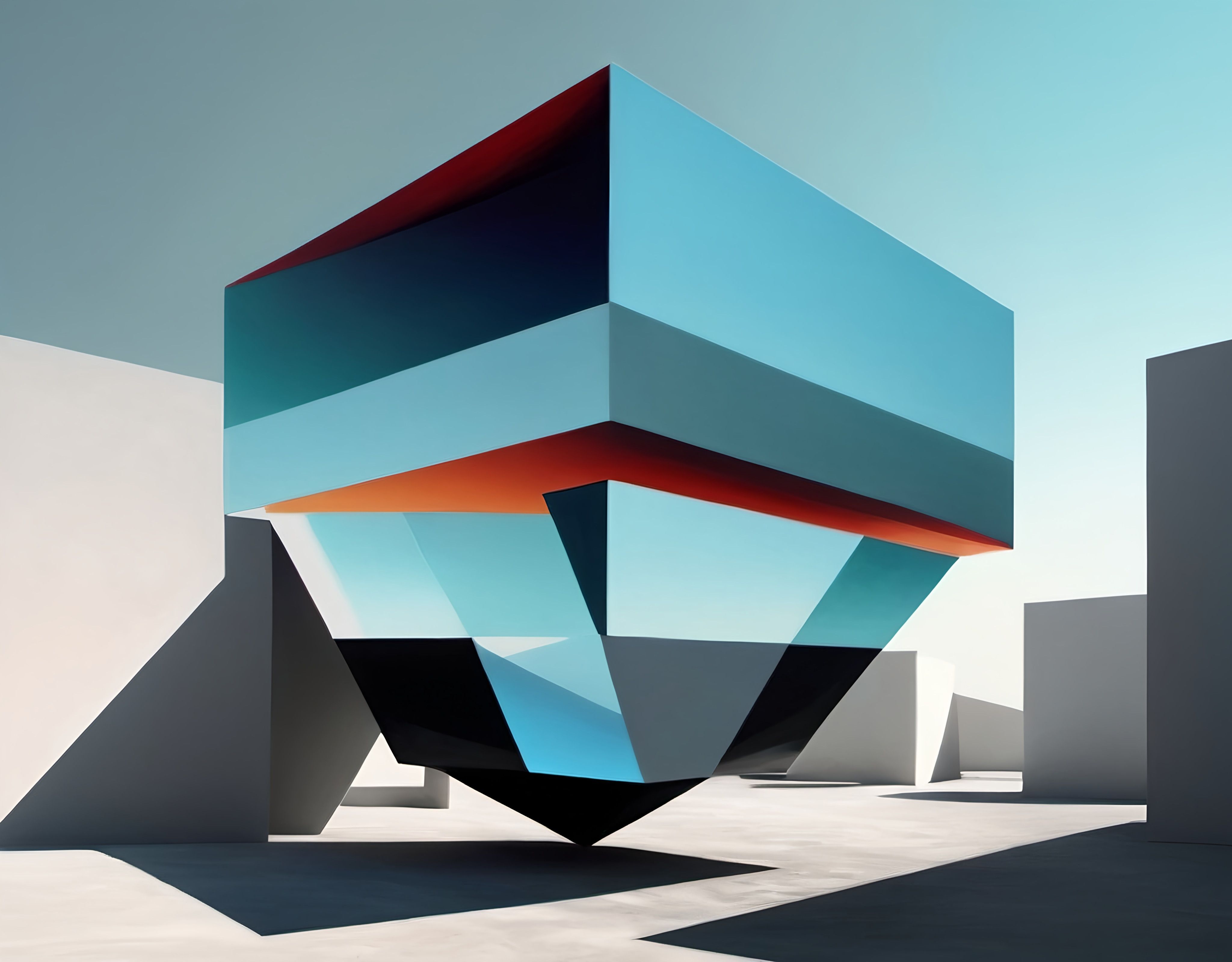 Prompt: a large cube with a blue and red design on it's face and a sky background behind it, raytracing