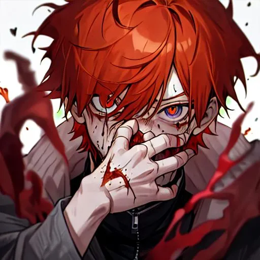 Prompt: Erikku male adult (short ginger hair, freckles, right eye blue left eye purple) UHD, 8K, Highly detailed, insane detail, best quality, high quality, covered in blood, covering his face with his hand, wide eyes, insane, fear, threatening 