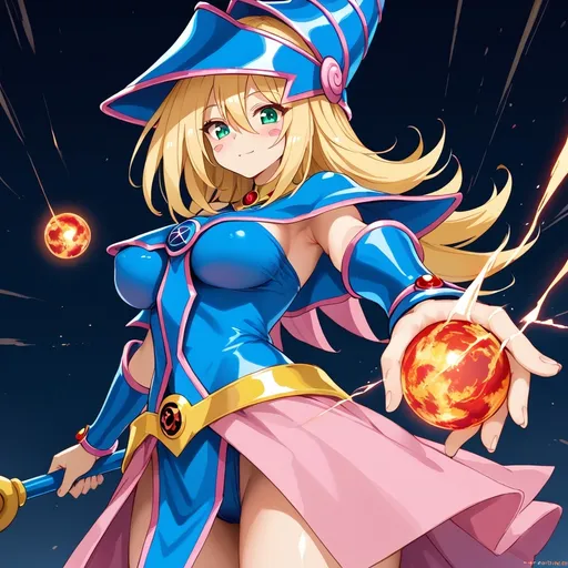 Prompt: dark magician girl casting a fire ball spell.