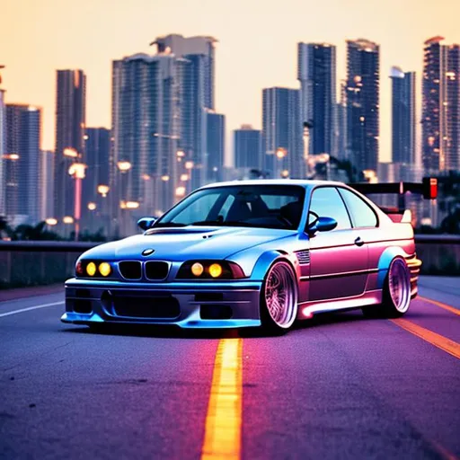 Prompt: 2001 BMW M3 E46 GTR, synthwave, aesthetic cyberpunk, miami, highway, dusk, neon lights, coastal highway, sunset, drift