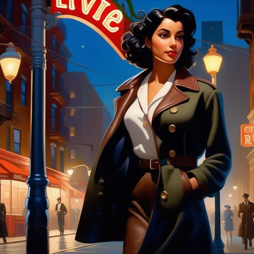 Prompt: Third person, gameplay, Italian-American girl, olive skin, black hair, brown eyes, 1940s, smartphone, streets of Little Italy, New York at night, fog, blue atmosphere, cartoony style, extremely detailed painting by Greg Rutkowski and by Henry Justice Ford and by Steve Henderson 

