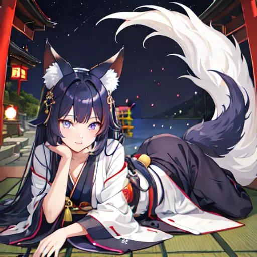 Prompt: male kitsune, long dark blue hair, purple eyes, fox ears downcast, playful look, portrait, comfy conservative clothes, outside a Japanese shrine