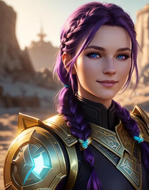 Prompt: Digital art, bright colors, subtle smile, 20-year-old woman viking, dark purple hair, one braid, light blue eyes, cut over left eye to on cheek bone, black gear, gold armor, unreal engine 8k octane, 3d lighting, full body, full armor