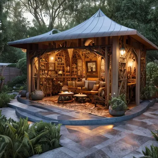 Prompt: Create a luxury stand alone enclosed structure, in a backyard. Modern architectural design. Resembling a "she-shed" or "babe cave". Professional Photo Realistic Image, hyper detailed, intricately detailed, intricate detail, 8k resolution, masterpiece, splash arts, ultra details Ultra realistic, hi res, UHD, 64k, HDR.