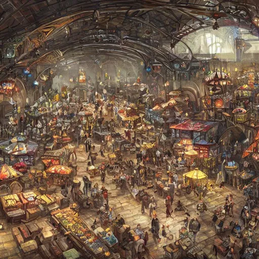 Prompt: large, cavernous hall as large as a town with a fantasy bazaar, with stalls, food stands, and taverns, cinematic composition, detailed, concept art, Matt painting, oil painting, high res, bird view