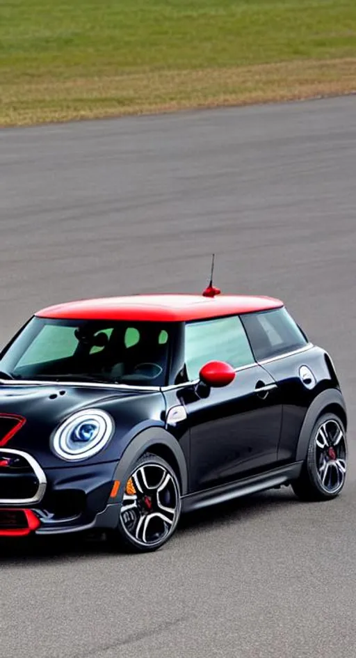 Prompt: A black 2018 mini John cooper works racing though a welsh town