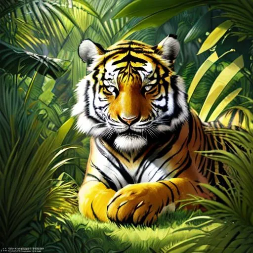 Prompt: A shiny mythical black and gold tiger laying in a patch of grass in a tropical jungle next to a magical golden jungle temple