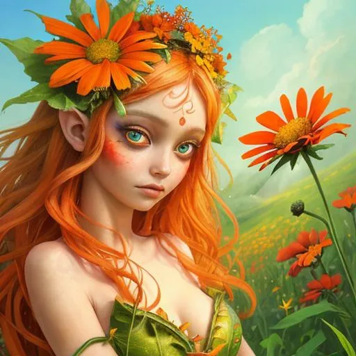 Prompt: Fairy goddess of summer, vivid colors,large eyes, red, orange  and yellow wildflowers, closeup