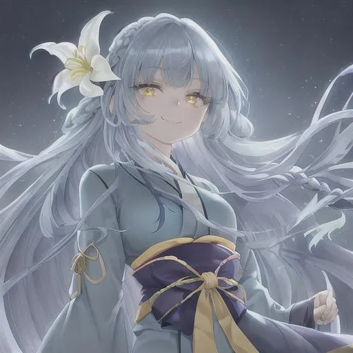 Prompt: Beautiful girl with long light blue hair in a braid. She has light yellow eyes smiling cutely. Wearing a completely dark blue kimono. At night. Her eyes glow. She has a light yellow lily in her hair.