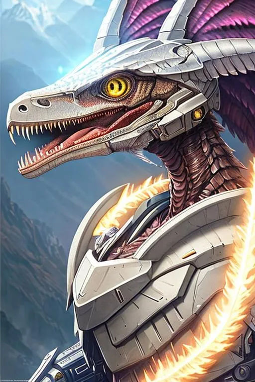 Prompt: Poster art, high-quality high-detail highly-detailed breathtaking hero ((by Aleksi Briclot and Stanley Artgerm Lau)) - ((a velociraptor raptor)), female,  cute, full form detailed raptor mech suit, 8k ivory and baby blue helmet, highly detailed raptor head helmet, add some magenta, glowing chest emblem ,carbon fibre helmet, raptor mech armor, raptor dinosaur, detailed scales, detailed ivory mech suit, full body, black futuristic mech armor, wearing mech armour suit, 8k,  full form, detailed forest wilderness setting, full form, epic, 8k HD, ice, sharp focus, ultra realistic clarity. Hyper realistic, Detailed face, portrait, realistic, close to perfection, more black in the armour, 
wearing blue and black cape, wearing carbon black cloak with yellow, full body, high quality cell shaded illustration, ((full body)), dynamic pose, perfect anatomy, centered, freedom, soul, Black short hair, approach to perfection, cell shading, 8k , cinematic dramatic atmosphere, watercolor painting, global illumination, detailed and intricate environment, artstation, concept art, fluid and sharp focus, volumetric lighting, cinematic lighting, 
